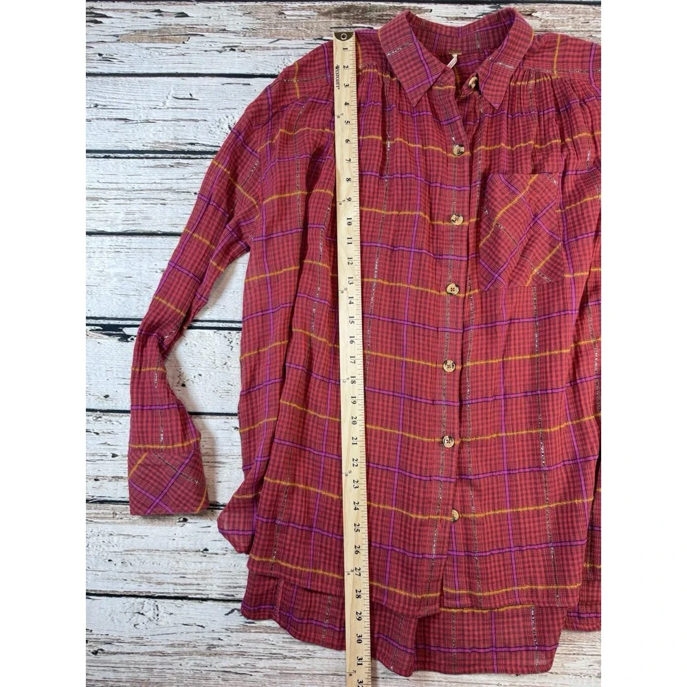 Free People Break My Stride Plaid Tunic Top Size Small Red Long Sleeve Oversized
